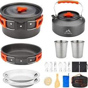 17pcs Camping Cookware Kit, 0.45Gal Pot, 7inches Pan,0.30Gal Kettle Set with 2 Set Stainless Steel Cups Plates Forks Knives Spoons for Hiking,Camping,Backpacking,Outdoor Cooking and Picnic